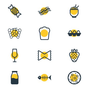 12 yemek simgeler çizgi stili vektör Illustration. Spagetti, üzüm, çilek ve diğer simge öğeleri düzenlenebilir kümesi.