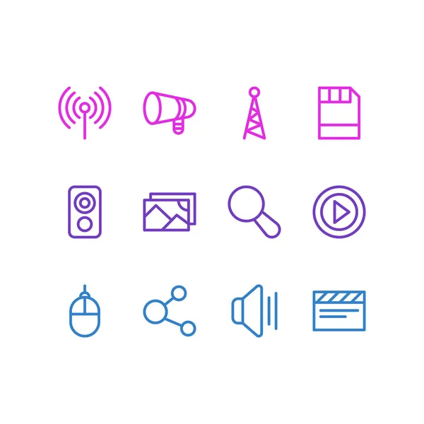 Vektorové ilustrace 12 média ikony styl čáry. Upravitelné sada video, sítě, disket a dalších ikon prvků. — Stockový vektor