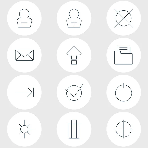Ilustración vectorial de 12 iconos de usuario estilo de línea. Conjunto editable de botón de encendido, carpeta, bajo brillo y otros elementos del icono . — Vector de stock