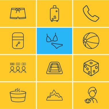 12 Turizm simgeler çizgi stili vektör Illustration. Spa, otel odası, erkek mayo ve diğer simge öğeleri düzenlenebilir kümesi.