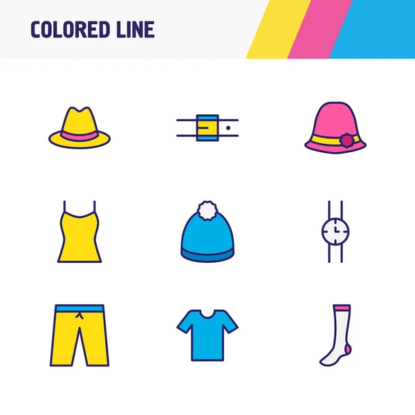 Иллюстрация 9 иконок одежды цветной линии. Столовый комплект зимней шапки, шорт, ремня и других элементов знака . — стоковое фото