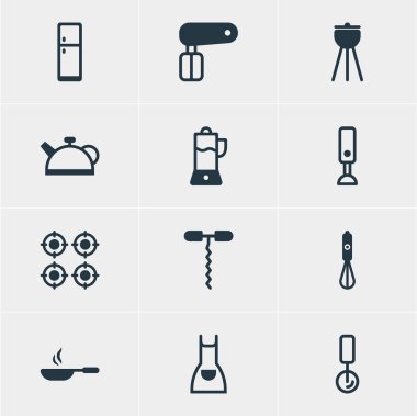 12 simgeleri pişirme vektör Illustration. Düzenlenebilir dizi meyve sıkacağı, el mikseri, blender simgesi öğeleri.