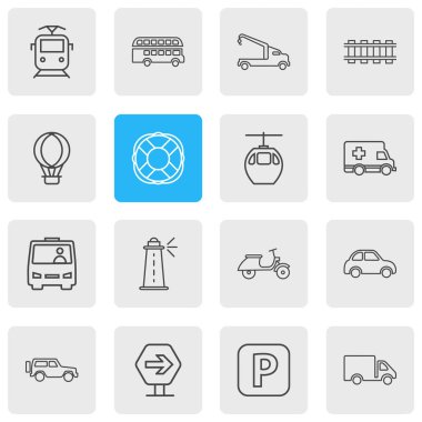 16 ulaşım simgeler çizgi stili Illustration. Deniz feneri, Çift katlı otobüs, scooter ve diğer simge öğeleri düzenlenebilir kümesi.