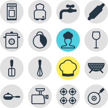 simgeler pişirme 16 Illustration. Kıyma makinesi, ekmek kızartma makinesi, spatula ve diğer simge öğeleri düzenlenebilir kümesi.