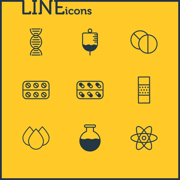 illustration of 9 medicine icons line style. Editable set of atom, serum, capsule and other icon elements.