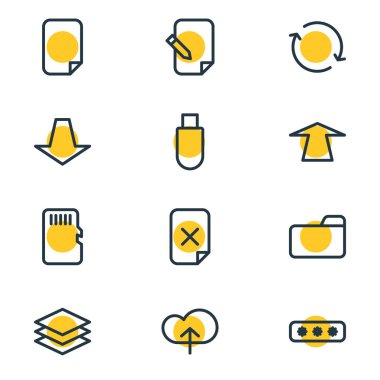 12 bellek simgeler çizgi stili vektör Illustration. Hafıza, sd kart, düzen ve diğer simge öğeleri düzenlenebilir kümesi.