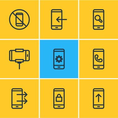 9 smartphone simgeler çizgi stili vektör Illustration. Düzenlenebilir yasak, ok aşağı, upload ve diğer simge öğeleri kümesi.