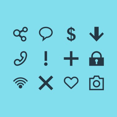 12 Kullanıcı simgeler vektör Illustration. Kilit, paylaşım, kablosuz ağ ve diğer simge öğeleri düzenlenebilir kümesi.