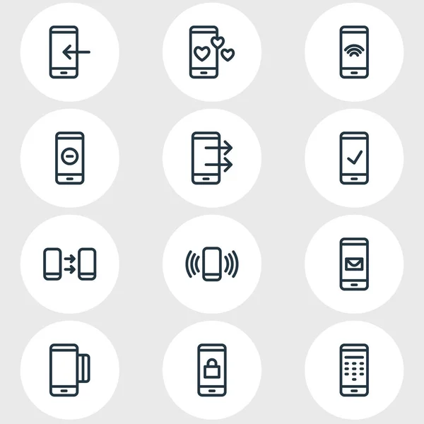 Ilustración vectorial de 12 iconos telefónicos estilo línea. Conjunto editable de mensajes, cheques, tarjetas de crédito y otros elementos del icono . — Vector de stock