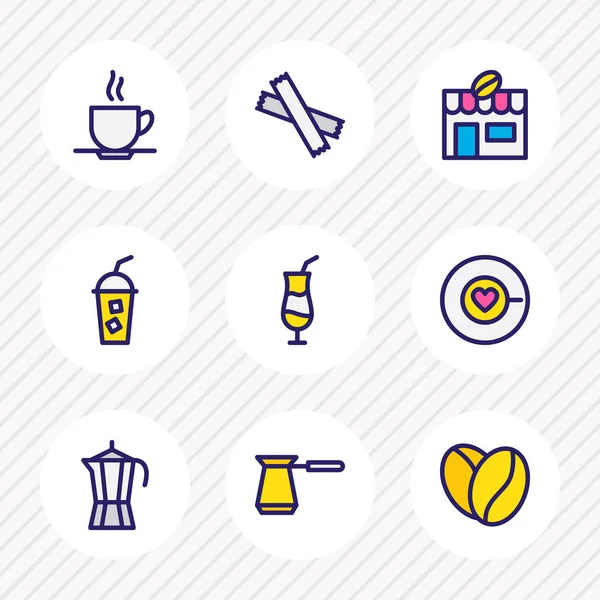 Ilustración vectorial de 9 iconos de café línea de color. Conjunto editable de café frío, cafetería, cafetera y otros elementos del icono . — Archivo Imágenes Vectoriales