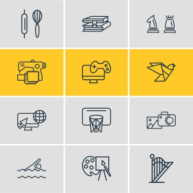 12 eğlence simgeler çizgi stili vektör Illustration. Video oyunu, basketbol, kitap kütüphane ve diğer simge öğeleri düzenlenebilir kümesi.