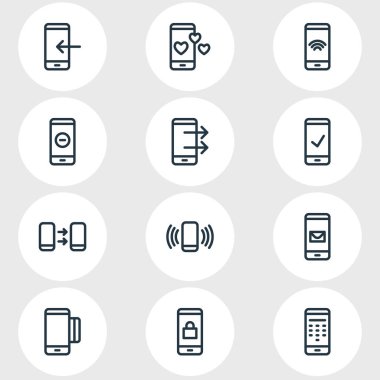 12 smartphone simgeler çizgi stili Illustration. İleti, onay, kredi kartı ve diğer simge öğeleri düzenlenebilir kümesi.