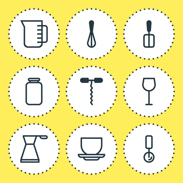 Ilustración de 9 iconos de la cocina. Conjunto editable de copa de vino, taza, taza de medir y otros elementos del icono . —  Fotos de Stock