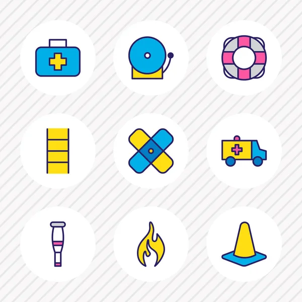 Ilustración de 9 iconos de emergencia línea de color. Conjunto editable de escalera, boya salvavidas, estuche médico y otros elementos del icono . —  Fotos de Stock