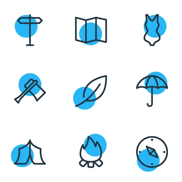 Illustrazione di 9 icone campeggio stile linea. Set modificabile di tenda, bikini, mappa e altri elementi iconici . — Foto Stock