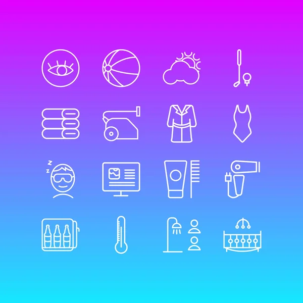 Ilustración de 16 iconos de hotel estilo de línea. Conjunto editable de toallas, albornoz, hombre dormido y otros elementos del icono . —  Fotos de Stock