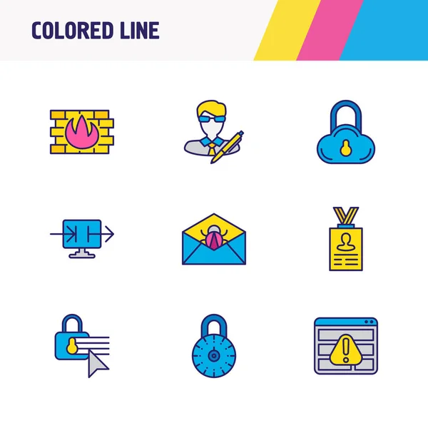 Illustration av 9 uppgifter ikoner färgad linje. Redigerbara uppsättning molnet dataskydd, datadelning, spam och andra ikonen element. — Stockfoto