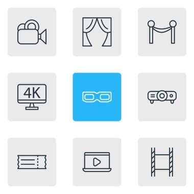 9 sinema simgeler çizgi stili vektör Illustration. Düzenlenebilir 3d gözlük, Bilet, perdeleri ve diğer simge öğeleri kümesi.