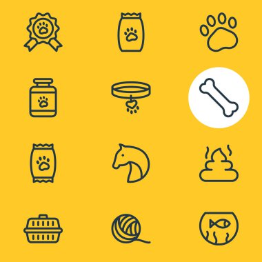 12 hayvan simgeleri çizgi stili vektör Illustration. Evde beslenen hayvan yiyecek, pençe, taşıma kutusu ve diğer simge öğeleri düzenlenebilir kümesi.