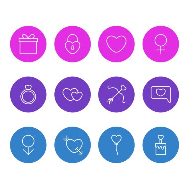 12 aşk simgeler çizgi stili vektör Illustration. Kalp, pasta, balonlar ve diğer simge öğeleri düzenlenebilir kümesi.