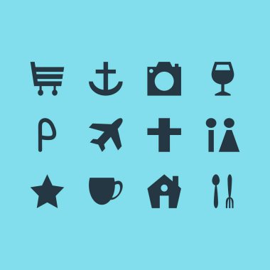 12 yerde simgeler vektör Illustration. Tuvalet, kafe, liman ve diğer simge öğeleri düzenlenebilir kümesi.