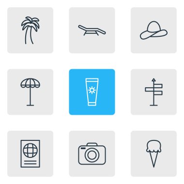 9 sezon simgeler çizgi stili vektör Illustration. Palm, plaj tezgah, şapka ve diğer simge öğeleri düzenlenebilir kümesi.
