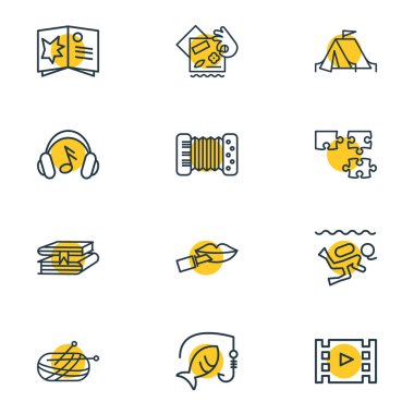 12 faaliyetleri simgeler çizgi stili vektör Illustration. Bulmaca, örgü, balıkçılık ve diğer simge öğeleri düzenlenebilir kümesi.