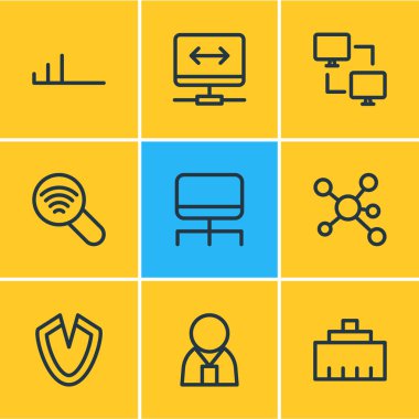 9 Internet simgeleri çizgi stili vektör Illustration. Tarama, vpn, paylaşım ve diğer simge öğeleri düzenlenebilir kümesi.