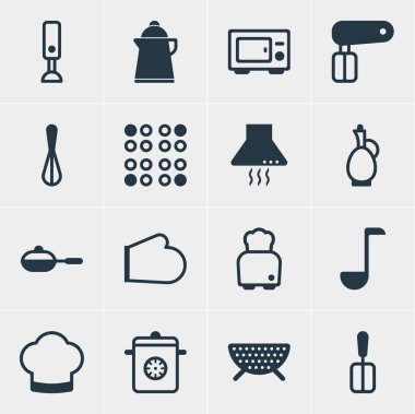 16 restoran simgeler vektör Illustration. Elektrikli Ocak, ekmek kızartma makinesi, tava ve diğer simge öğeleri düzenlenebilir kümesi.