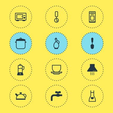 12 simgeleri pişirme vektör Illustration. Önlük, mikrodalga, su ve diğer simge öğeleri düzenlenebilir kümesi.