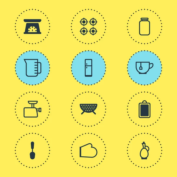 Vectorillustratie van 12 pictogrammen koken. Bewerkbare set meten cup, thee beker, jar en andere elementen van het pictogram. — Stockvector