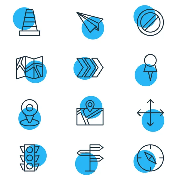 Vektorové ilustrace 12 směr ikony styl čáry. Upravitelné sada polohu, šipka, papírové letadlo a dalších ikon prvků. — Stockový vektor