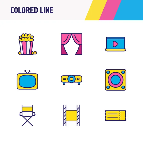 Vector illustration of 9 cinema icons colored line. Editable set of popcorn, curtains, movie on laptop and other icon elements.