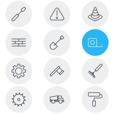 12 yapısını simgeler çizgi stili Illustration. Dişli, kürek, testere ve diğer simge öğeleri düzenlenebilir kümesi.