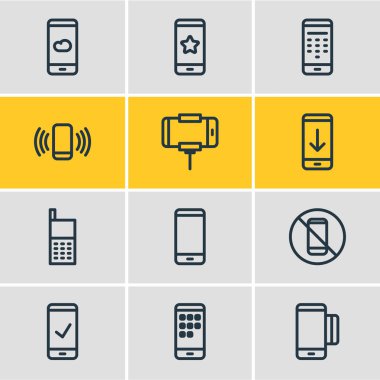 12 telefon simgeleri çizgi stili Illustration. Hava, yıldız, iletişim ve diğer simge öğeleri düzenlenebilir kümesi.