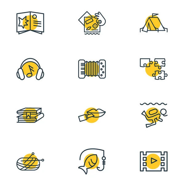 Illustrazione di 12 attività icone stile linea. Set modificabile di puzzle, maglieria, pesca e altri elementi icona . — Foto Stock