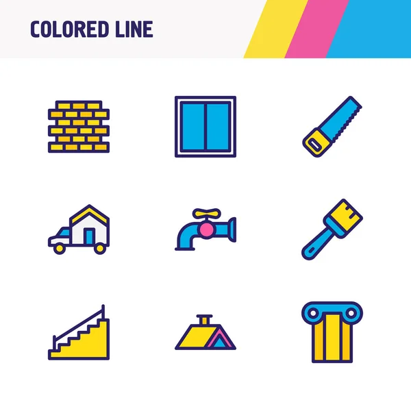 Illustration de 9 icônes de l'industrie ligne colorée. Ensemble modifiable de toit, escaliers, brosses et autres éléments d'icône . — Photo