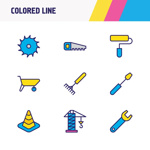 Ілюстрація 9 промислових піктограм кольорової лінії. Набір елементів конуса, пилки, носія та інших піктограм . — стокове фото