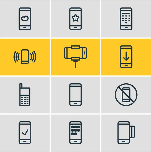 Illustration of 12 phone icons line style. Editable set of weather, star, communication and other icon elements. — Stock Photo, Image