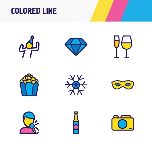 Ilustración de 9 celebrar iconos de línea de colores. Conjunto editable de mascarada, vino, diamante y otros elementos del icono . —  Fotos de Stock