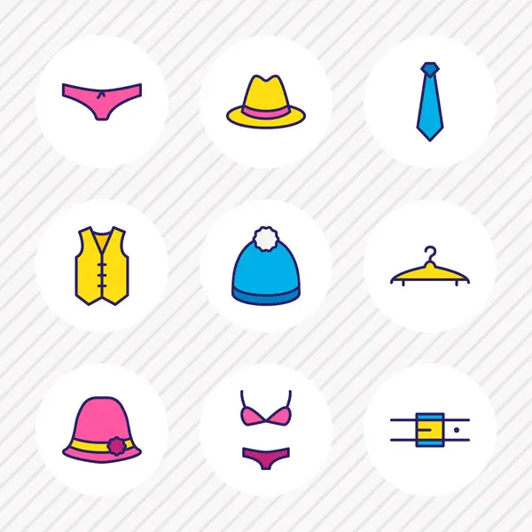 Ilustración de 9 iconos de vestido línea de color. Conjunto editable de ropa interior, chaleco, cinturón y otros elementos del icono . —  Fotos de Stock