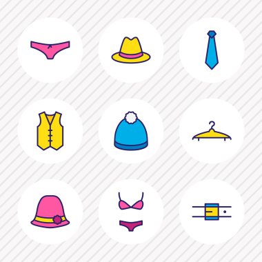 9 giyim simgeler renkli çizgi vektör Illustration. İç çamaşırı, yelek, kemer ve diğer simge öğeleri düzenlenebilir kümesi.