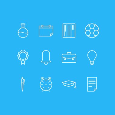 12 çalışmalar simgeler çizgi stili vektör Illustration. Işık, Kütüphane, mezuniyet şapka ve diğer simge öğeleri düzenlenebilir kümesi.
