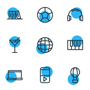 9 eğlence simgeler çizgi stili vektör Illustration. Dizüstü bilgisayar, kulaklık, zeplin ve diğer simge öğeleri düzenlenebilir kümesi.