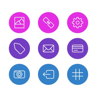 9 uygulama simgeleri çizgi stili vektör Illustration. Cog, posta, kamera ve diğer simge öğeleri düzenlenebilir kümesi.