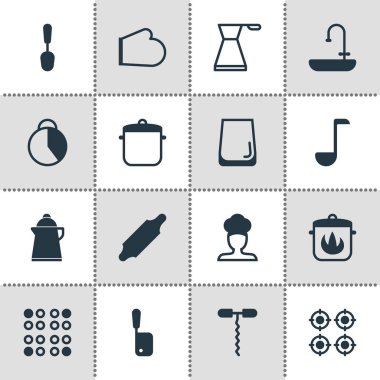 16 restoran simgeler vektör Illustration. Tencere, sıcak tava, mutfak eldiveni ve diğer simge öğeleri düzenlenebilir kümesi.