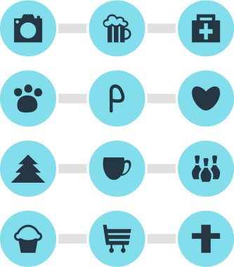 İade 12 simgeler vektör Illustration. İşareti, kafe, sevgi ve diğer simge öğeleri otopark düzenlenebilir kümesi.