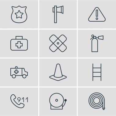 12 zorunluluk simgeler çizgi stili vektör Illustration. Ambulans, alarm, merdiven ve diğer simge öğeleri düzenlenebilir kümesi.