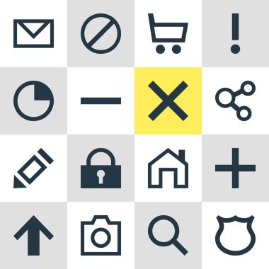 16 üye simgeler vektör Illustration. Kaldır, arama, fotoğraf makinesi ve diğer simge öğeleri düzenlenebilir kümesi.