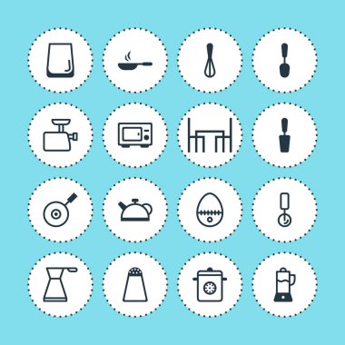 Vektör çizim simgeler pişirme 16. Pot, su bardağı, Çaydanlık ve diğer simge öğeleri düzenlenebilir kümesi.